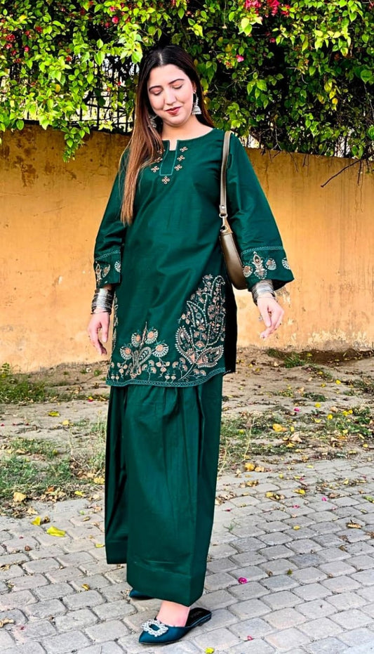2 PC Embroidered Cotton & Farshi Shalwar