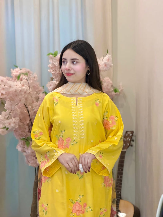 3 PC Embroidered Lawn & Printed Silk