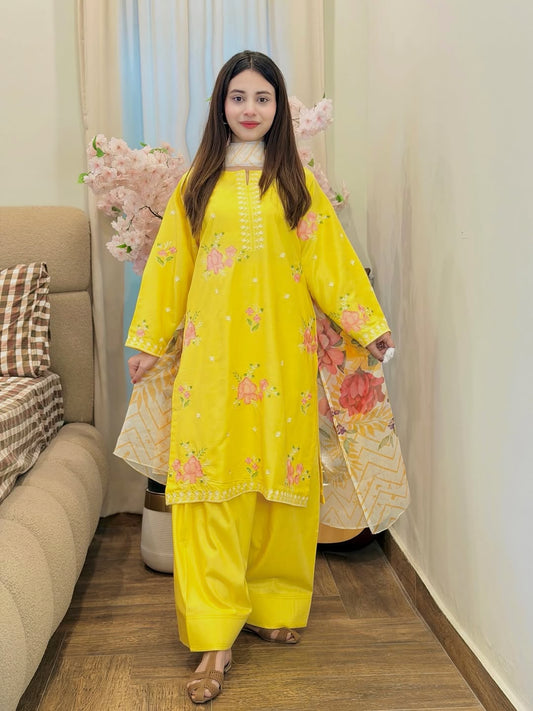 3 PC Embroidered Lawn & Printed Silk