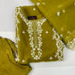 Luxury 3-Piece Stitched Organza Suit – Olive & Ivory