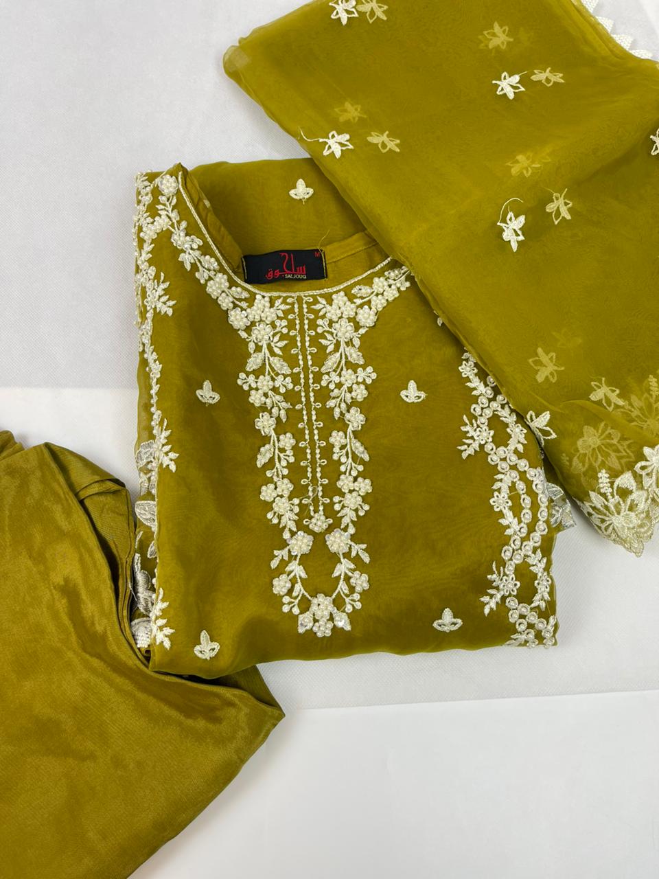 Luxury 3-Piece Stitched Organza Suit – Olive & Ivory