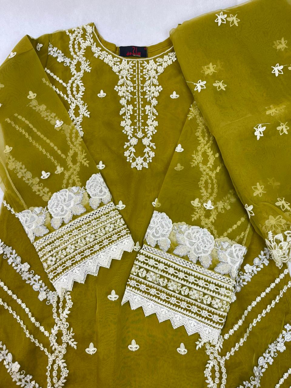 Luxury 3-Piece Stitched Organza Suit – Olive & Ivory