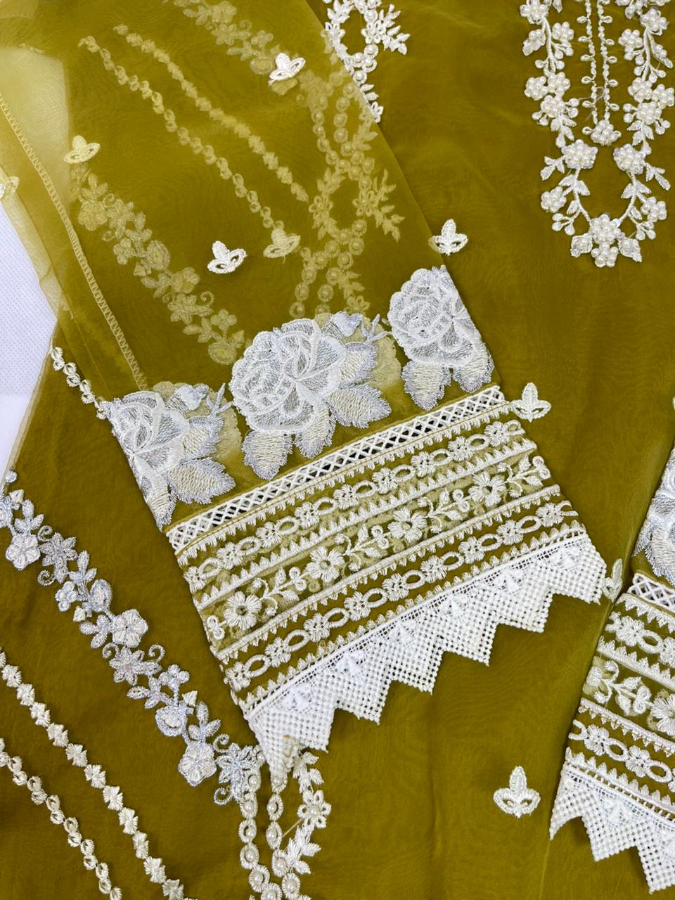 Luxury 3-Piece Stitched Organza Suit – Olive & Ivory