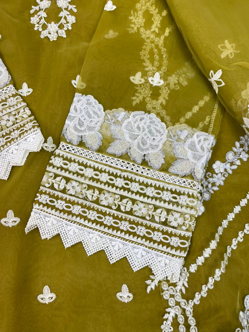 Luxury 3-Piece Stitched Organza Suit – Olive & Ivory