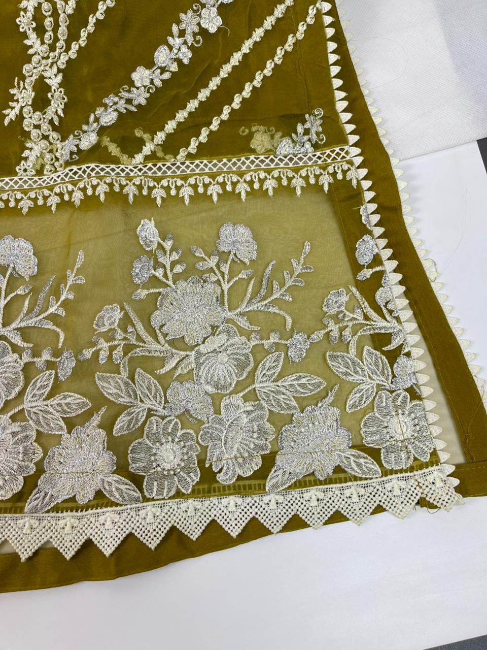 Luxury 3-Piece Stitched Organza Suit – Olive & Ivory