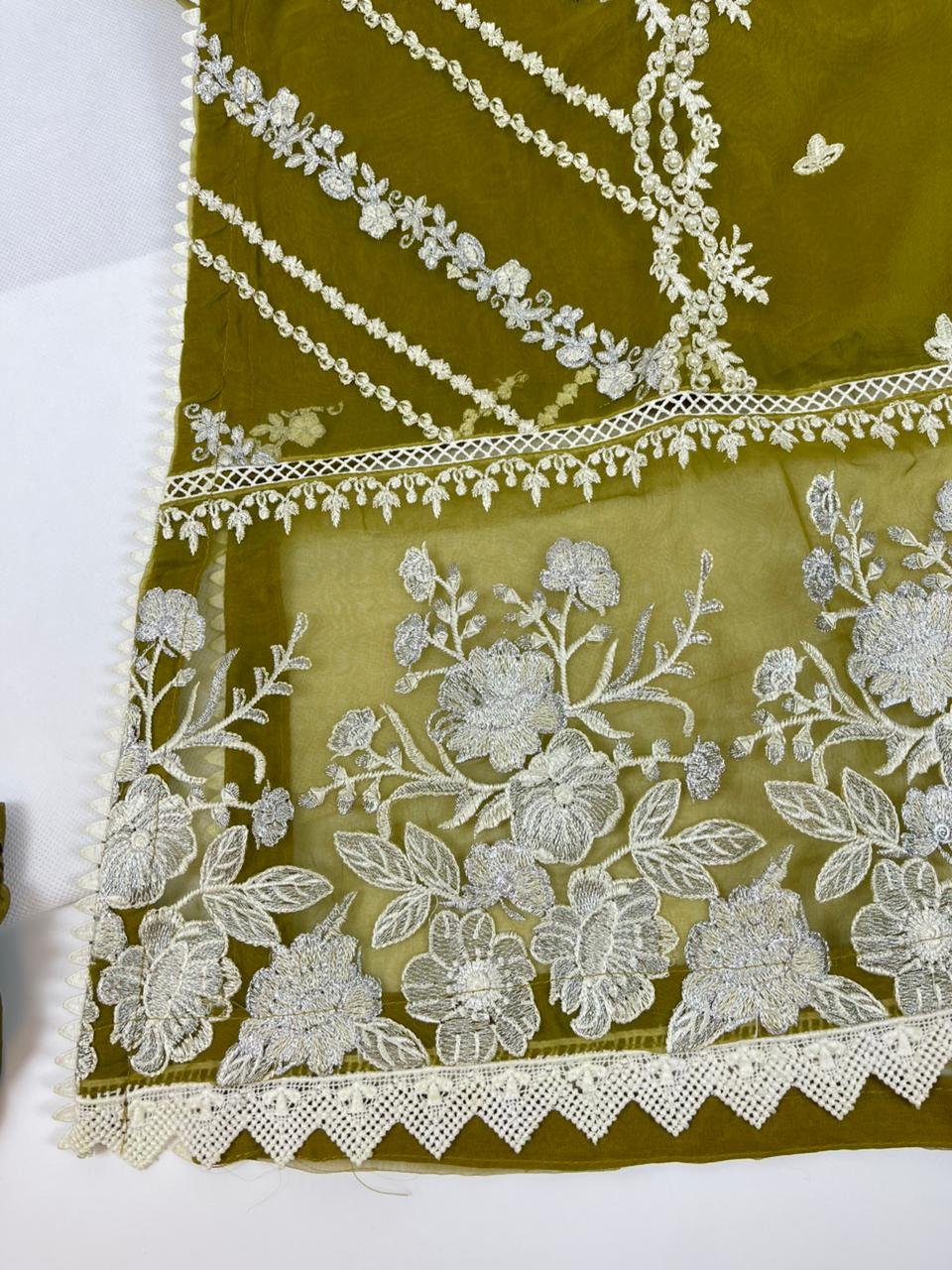 Luxury 3-Piece Stitched Organza Suit – Olive & Ivory
