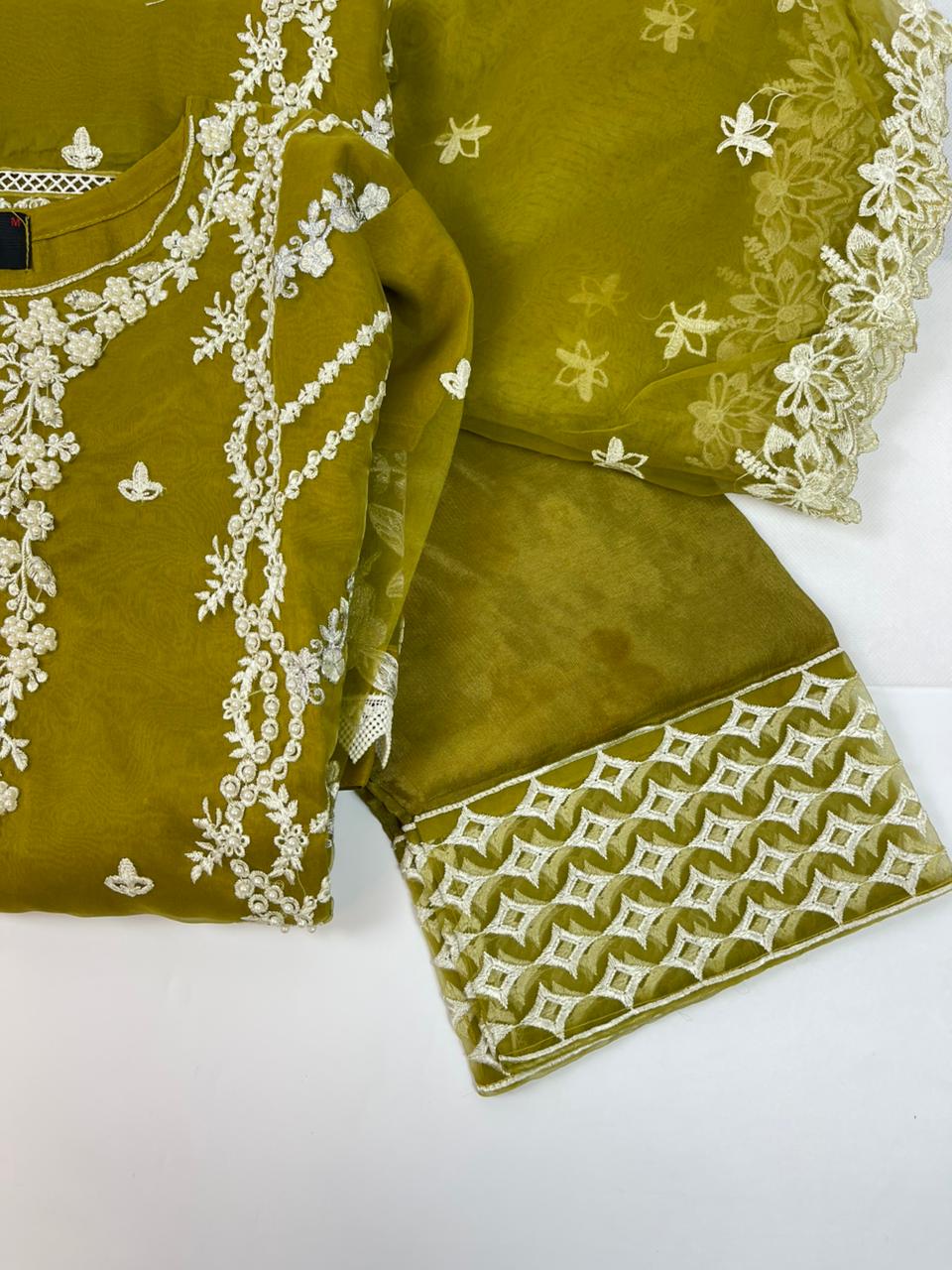 Luxury 3-Piece Stitched Organza Suit – Olive & Ivory