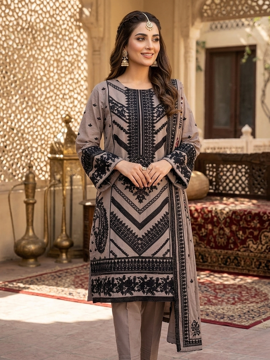 Premium 2-Piece Stitched Embroidered Lawn Suit – Dark Skin &amp; Black