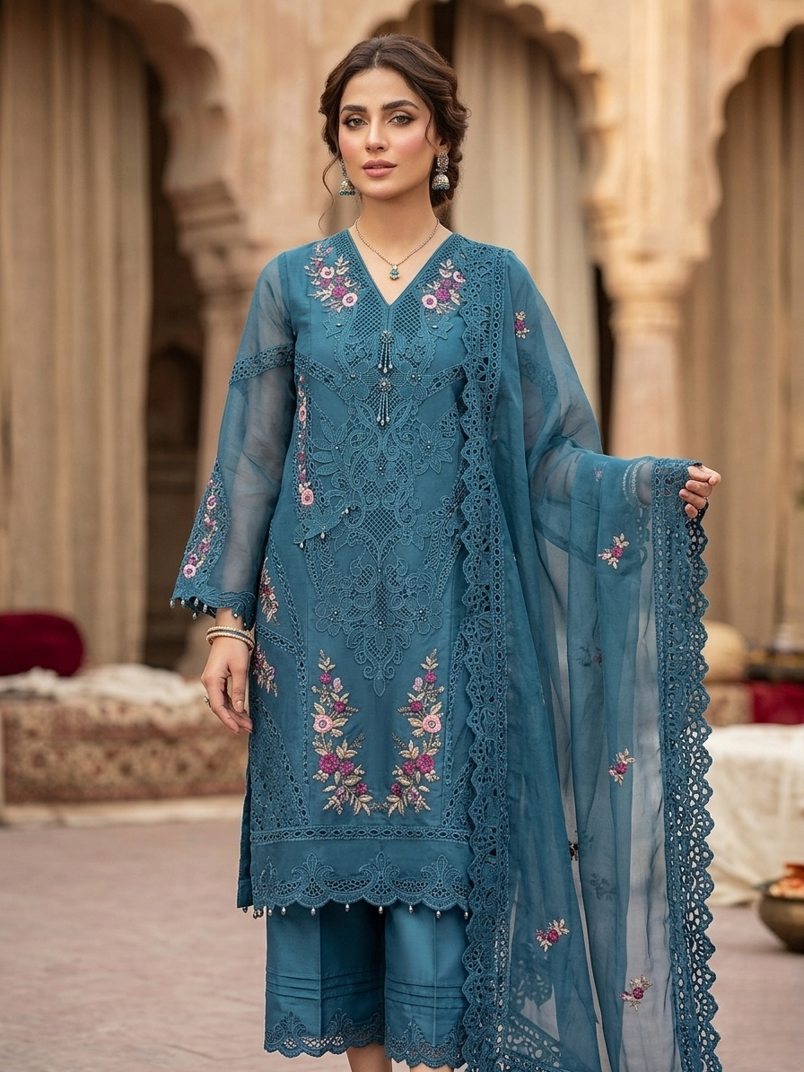 Luxury 3-Piece Stitched Organza Suit – Zinc Floral