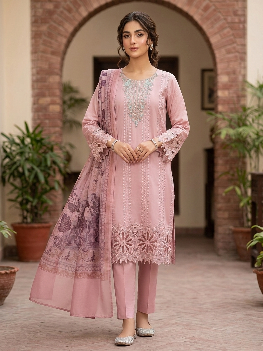Premium 3-Piece Stitched Doriyan Lawn Suit – Soft Pink &amp; Floral