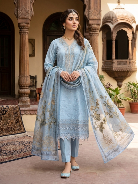 Luxury 3-Piece Stitched Banadora Lawn Suit – Sky Blue &amp; Silver