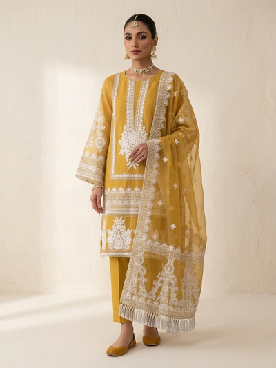 Luxury 3-Piece Stitched Organza Suit – Mustard &amp; Ivory (Hand-Work Edition)