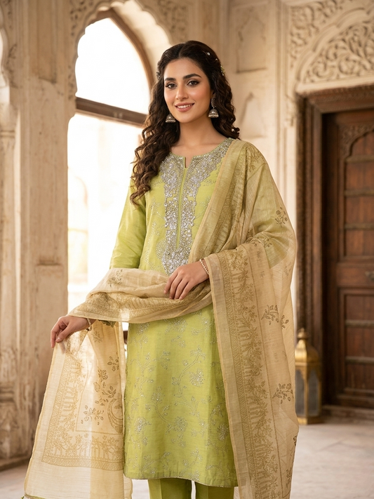 Luxury 3-Piece Stitched Banadora Lawn Suit – Parrot Green &amp; Silver